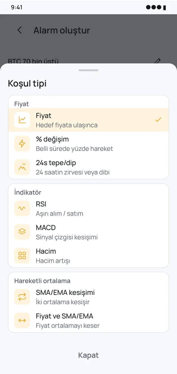 8 koşul tipi, 1 dakikadan 1 güne